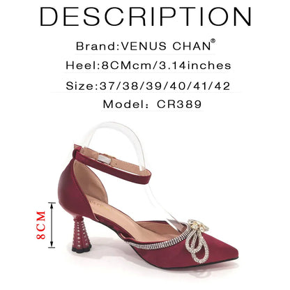 Ladies Pointed-Toe Party High Heels Magenta Colour Bow Rhinestone Stereo Bag Evening  African Wedding Shoe And Bag Set