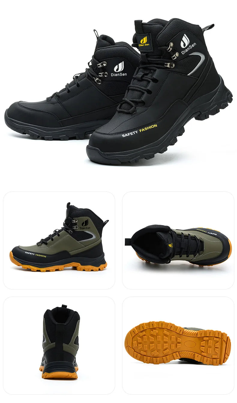 Men Work Boots Puncture-Proof Waterproof Work Shoes Steel Toe Safety Boots Industrial Indestructible Boots Side Leather Shoes