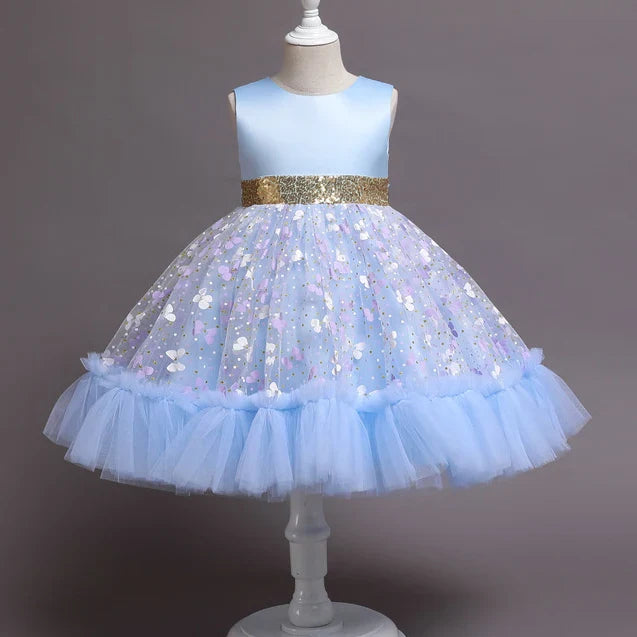 New Baby Kids Girls Elegant Printed Butterfly Flower Princess Party Tutu Dresses Children Sequins Wedding Evening Girl Clothes