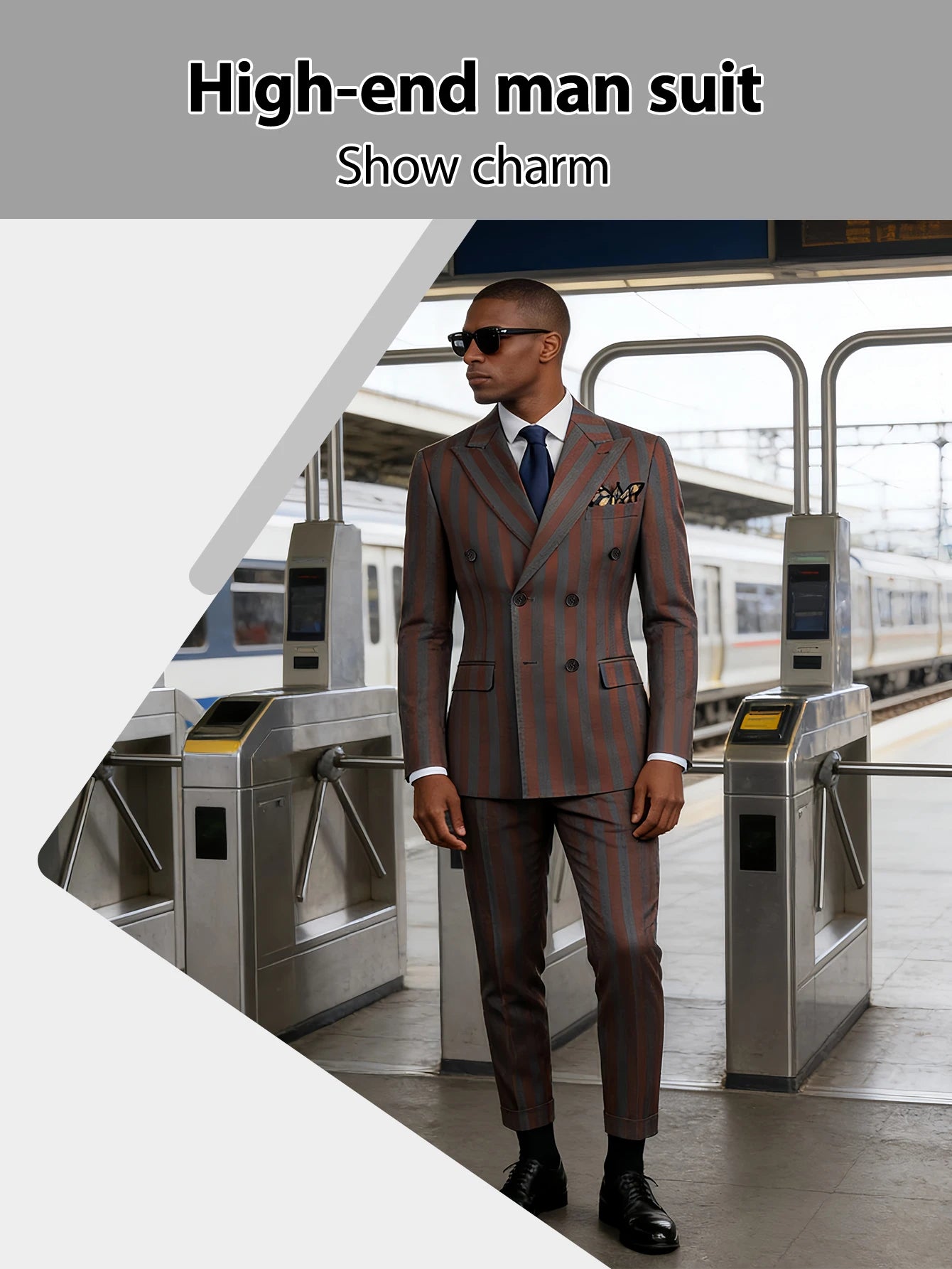 Men's 2-Piece Double Breasted Suit Set - Peak Lapel Striped Tuxedo Jacket & Pants, Formal Business Wedding Prom Attire