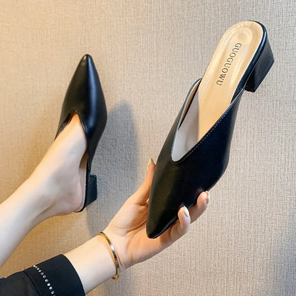 Pointed Slippers Women High Heels 2025 New Summer Shoes Fashion Luxury Slides Slip Loafers Square Heel Female Party Shoes