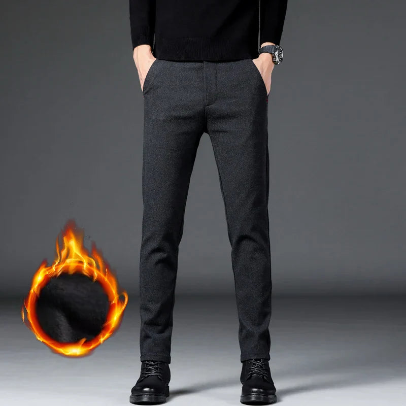 Fashion Men Thermal Fleece Casual Pants Winter Thick Straight Slim Velvet Trousers Brand Clothing Korean Male Pants Size 28-38