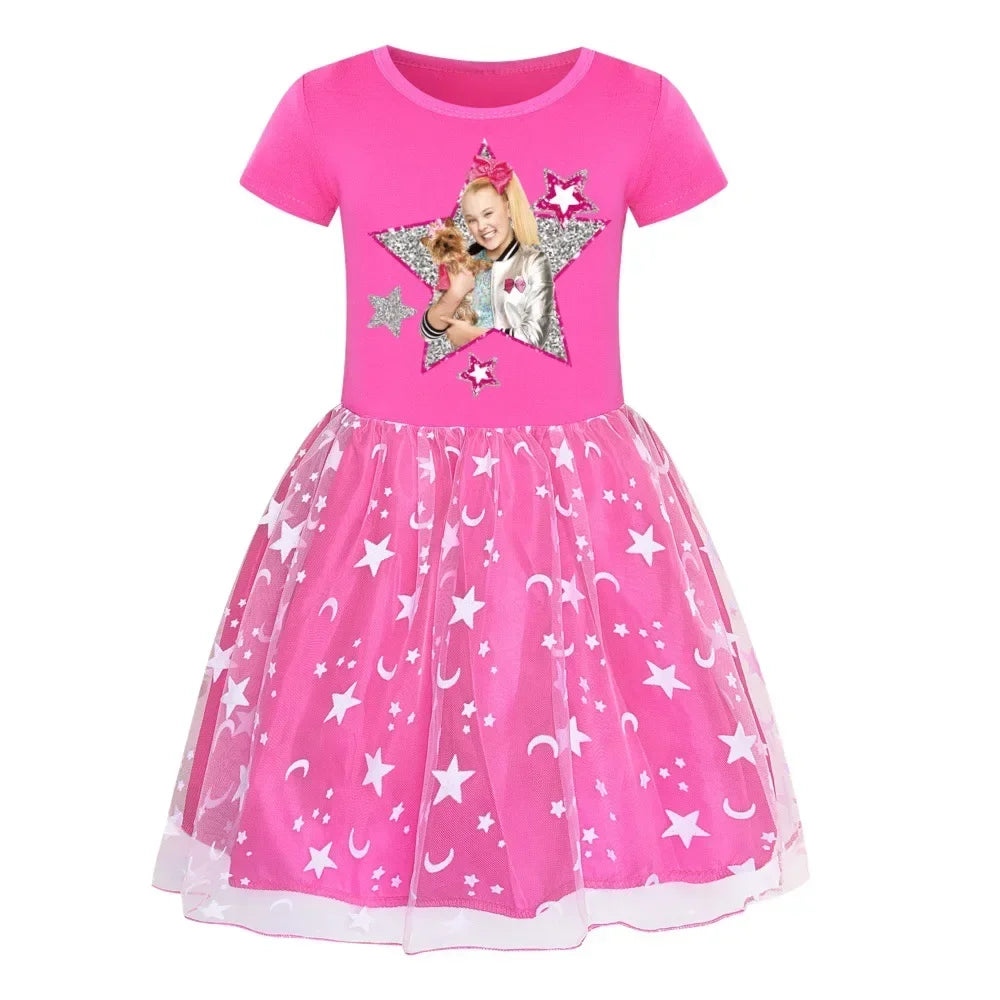 2025 Girls Princess Dress Kids Cute JOJO Siwa T Shirt Pleated Dresses Children Summer Vestidos Cartoon Birthday Party Clothes