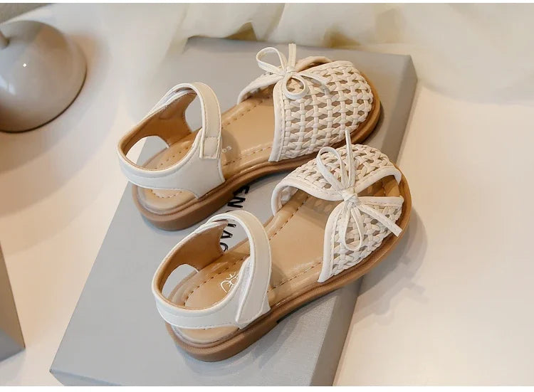 Girls Princess Shoes Weave Breathable Kids Beach Shoes with Simple Bows 2025 Summer New Children Sandals Soild Color Non-slip