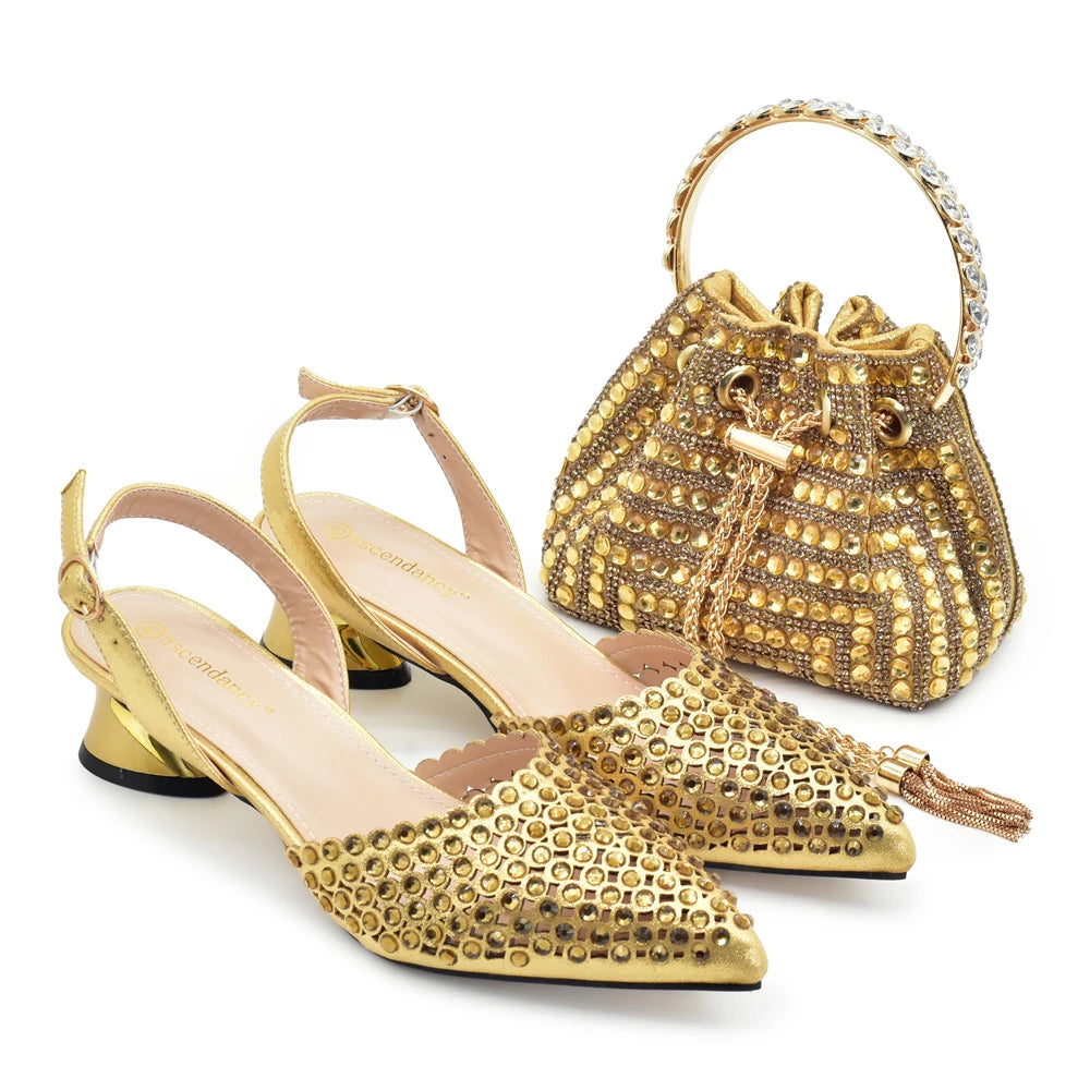 Fashion Italian Shoes with Matching Bags Set with Rhinestone African Shoes for Women Mid Heels Party Pumps Plus Size Heels 43