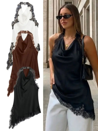 2026 Spring Women Backless Sexy Lace Splicing Halter Neck Top Summer Female Off Shoulder Asymmetrical Satin Camisole