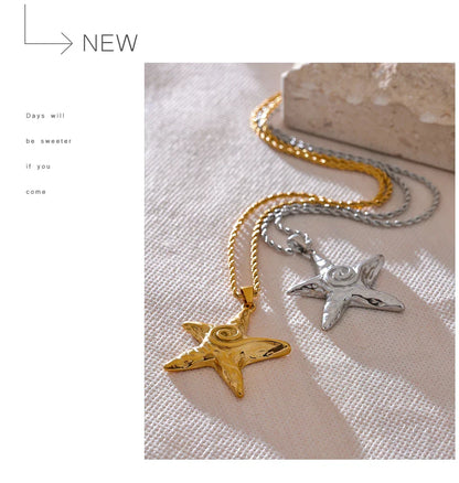 316L Stainless Steel Starfish Pendant Necklace Rust Proof Statement 18K Gold PVD Plated Individualistic Holiday Jewelry