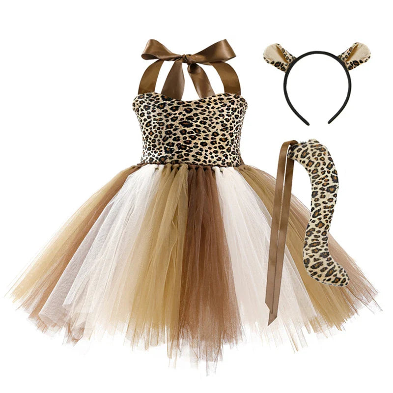 Cute Leopard Tiger Cat Giraffe Tutu Dress For Girls Halloween Animal Cosplay Costume Outfit Kids Christmas Carnival Party Dress