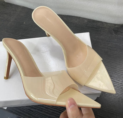 Novas Sandálias Femininas de Salto Alto de Verão Simples Transparentes de Salto Alto, Chinelos de Salto Agulha, Bico Fino, Aberto na Frente, Mules