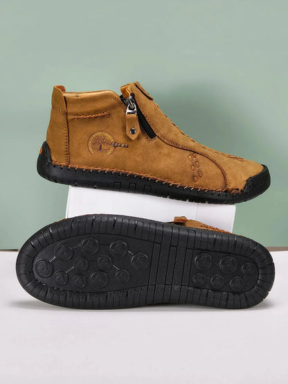 Sapatos Masculinos Clássicos de Couro Feitos à Mão, Design com Zíper, Tênis Esportivos para o Ar Livre, Sapatos Casuais Respiráveis com Elástico, Botas Masculinas de Couro no Tornozelo