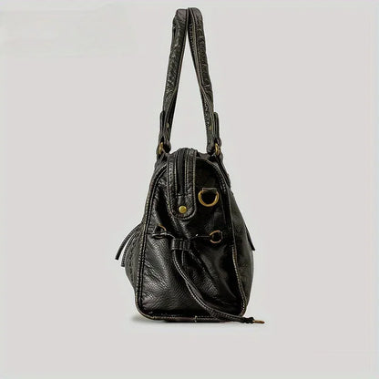 Braided Trim Black Leather Tote Bag with Gold Rivets & Front Zipper Pocket - Top Handle Work Purse for Women, Briefcase ﻿ ﻿