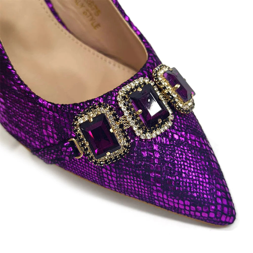 Rhinestone Pointed-Toe High Heels Shoes and Bags Set for Women Wedding and Party Elegant Luxury Fashion in Wine Color
