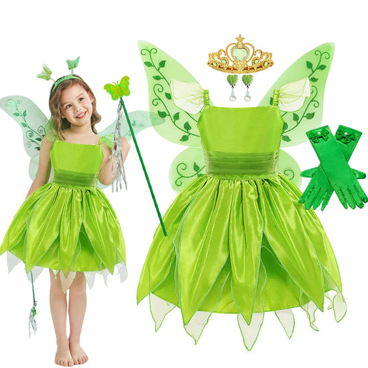 Kids Girl Cosplay Bell Costume Halloween Role Playing Green Dress Fancy Fairy Princess Cosplay Birthday Party Dresses Knee Lengt