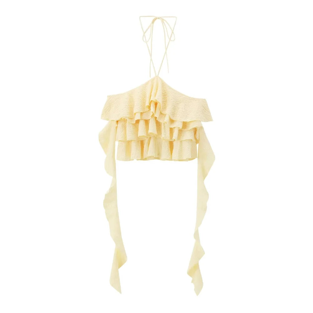 Textured halter crop top with ruffles Women's short yellow sleeveless top with sexy streamers for summer 2025 ETJ