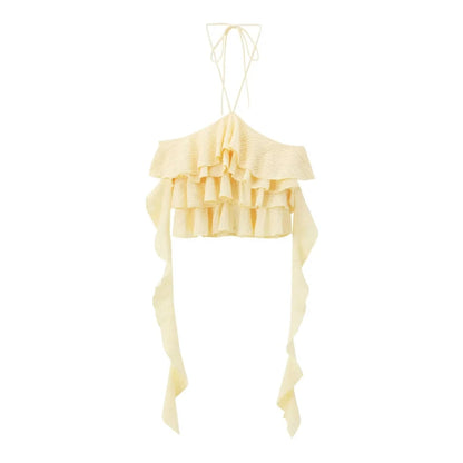 Textured halter crop top with ruffles Women's short yellow sleeveless top with sexy streamers for summer 2025 ETJ