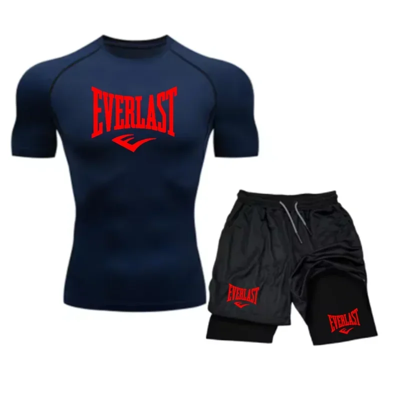 Men's Compress Shirt + 2-in-1 sports shorts 2pcs Set Leisure Breath Short Sleeve Sport Jogging Gym Brand Print Clothing