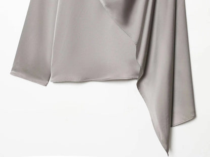 2026 Spring new women's elegant fashion shawl design satin drape top asymmetric wrinkled long-sleeved shirt