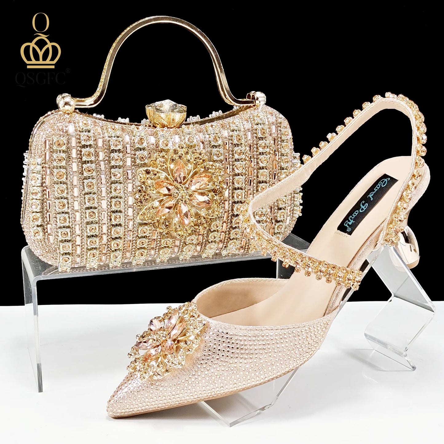 Italian Design Rhinestone-encrusted Ladies Party Women Shoes And Bag  Nigeria Gold Mini Bag Women High Heels