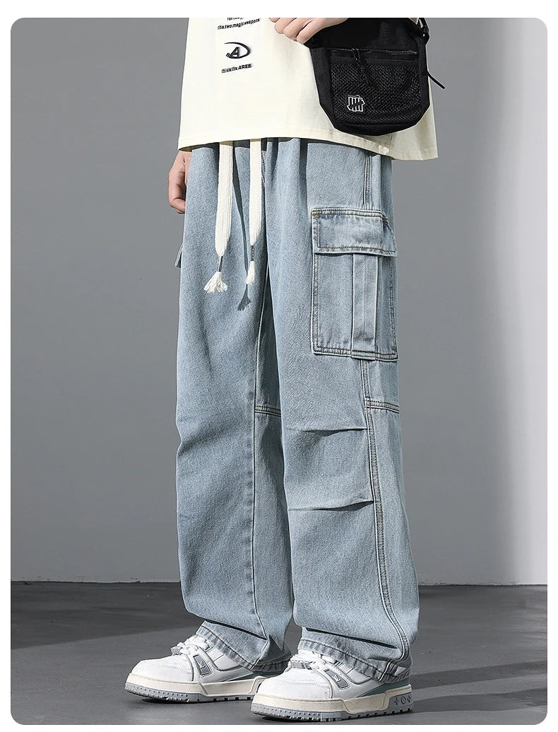 Large Pocket Baggy Solid Jeans Men's 2026 New Spring Classic Straight Denim Trousers Street Y2K Elastic Waist Casual Cargo Pants