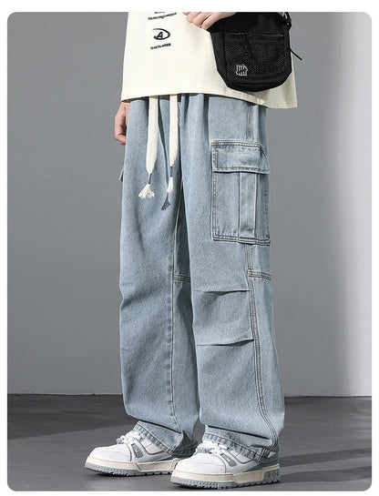 Large Pocket Baggy Solid Jeans Men's 2026 New Spring Classic Straight Denim Trousers Street Y2K Elastic Waist Casual Cargo Pants