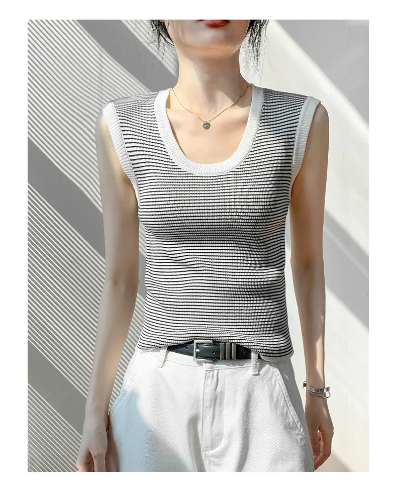 2026 Spring Summer O-Neck Striped Vest Top Simple Slim Fit Sleeveless Casual Versatile Women's Tank Top