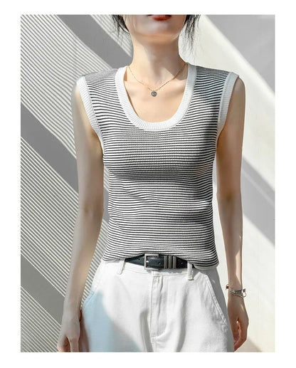 2026 Spring Summer O-Neck Striped Vest Top Simple Slim Fit Sleeveless Casual Versatile Women's Tank Top