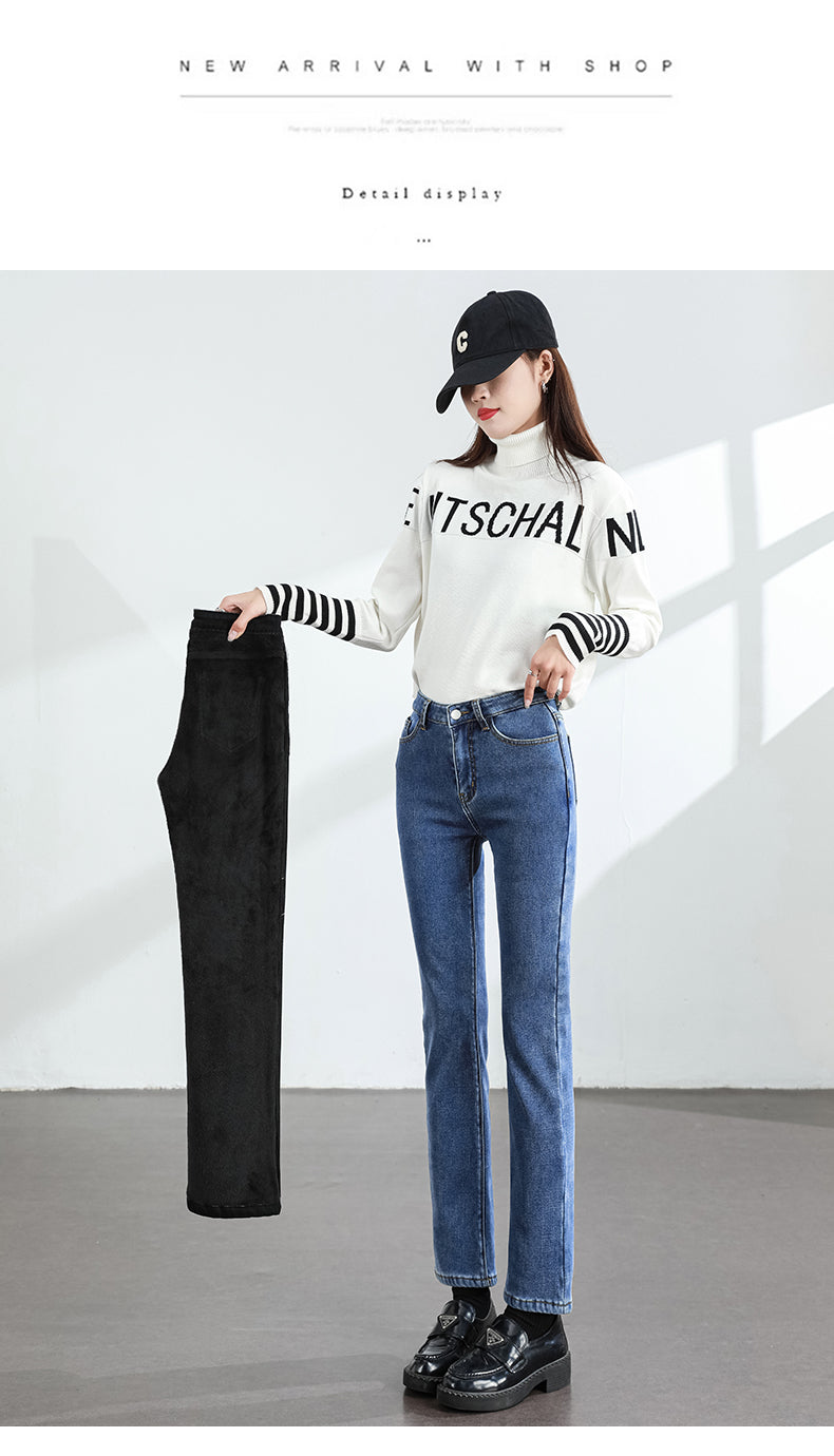 Calça Jeans Feminina Inverno Fleece Quente Reta Slim Elástica Algodão Grosso Quente Denim Moda Roupa Feminina
