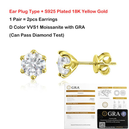 0.2/0.5/2ct D Color Moissanite Screw Stud Earrings for Women Men Silver 925 Plated 18K Pass Diamond Test 6 Prong Earring