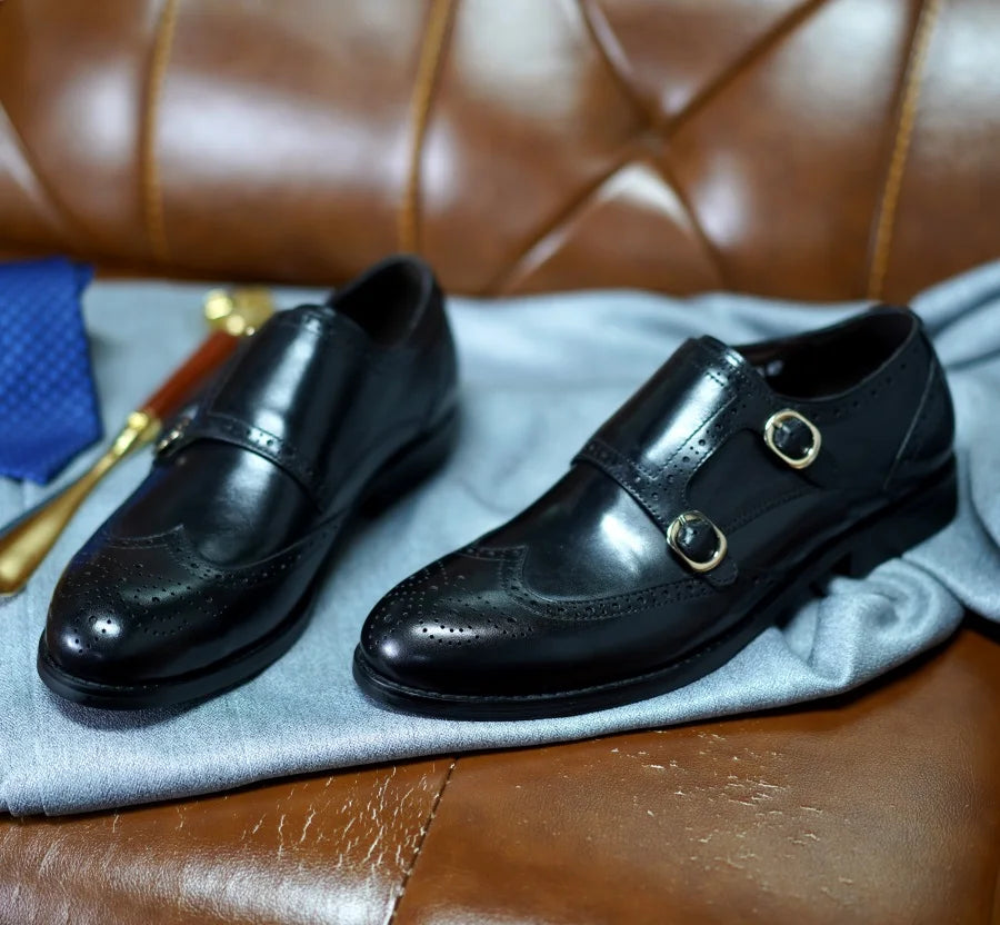 Classic Men Genuine Leather Dress Shoes Brogue Double Buckle Monk Strap Metal Buckle Business Office Wedding Formal Shoes
