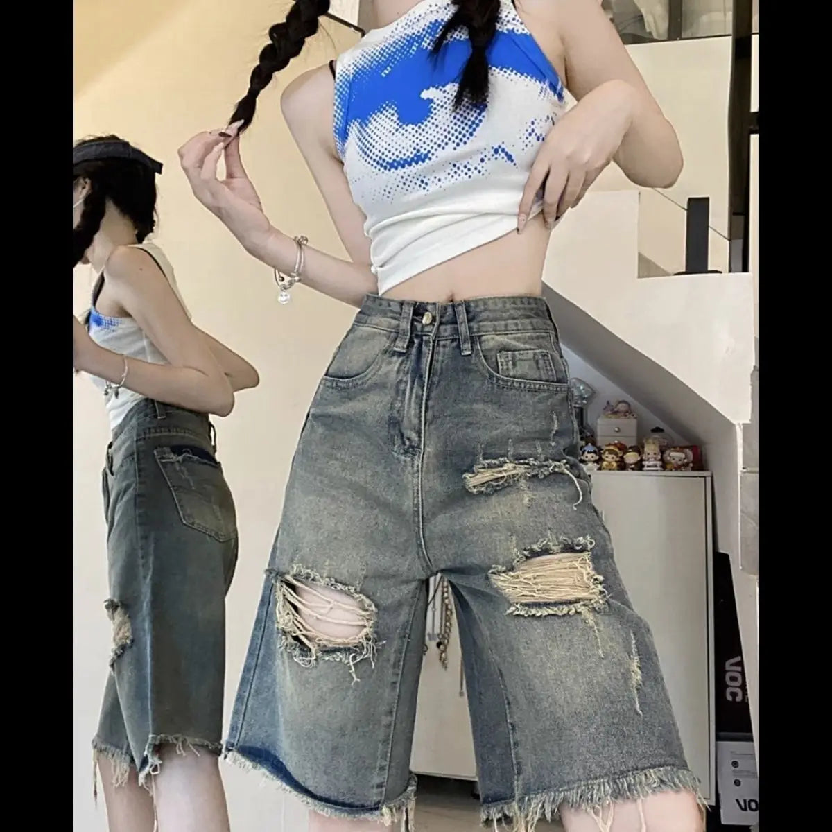 Women's Denim Capris Distressed Fringe Straight Cut Jeans