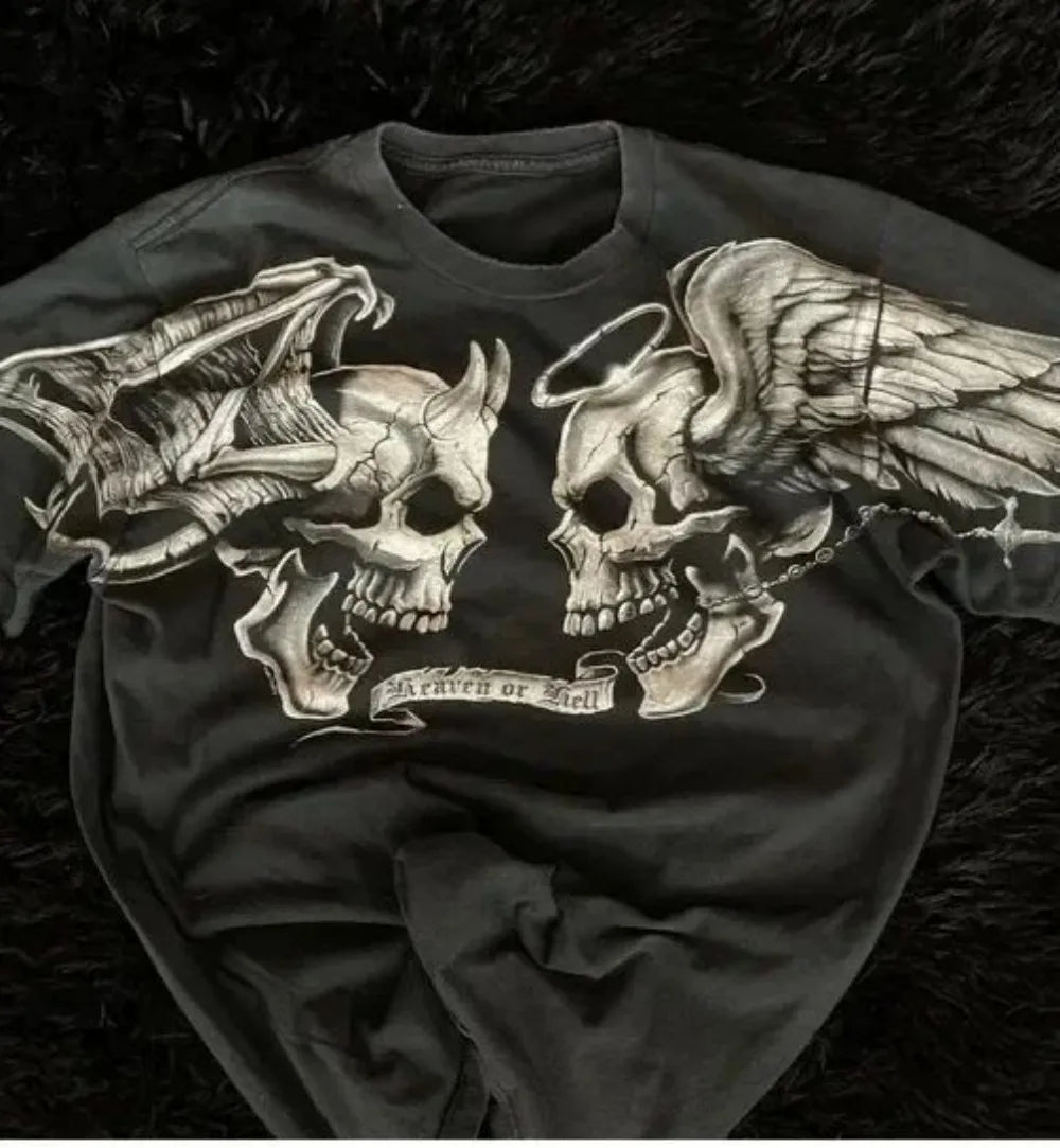 Camiseta masculina europeia e americana com estampa de caveira, confortável e respirável, gola redonda, moda de rua, top para ambientes externos