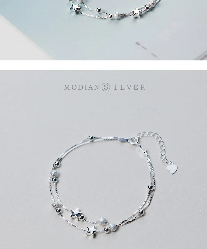 New 925 Sterling Silver Beads Ball Stars Double Layer Bracelet For Women Charm Bracelet Engagement Original Fine Jewelry