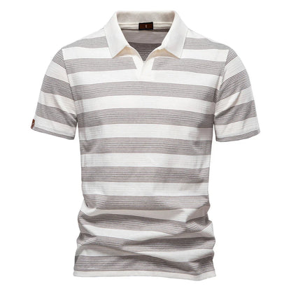 2025 New Summer Striped V Neck Cotton Polo Shirts for Men Breathable Short Sleeve Casual Knit Shirts Comfort Fit