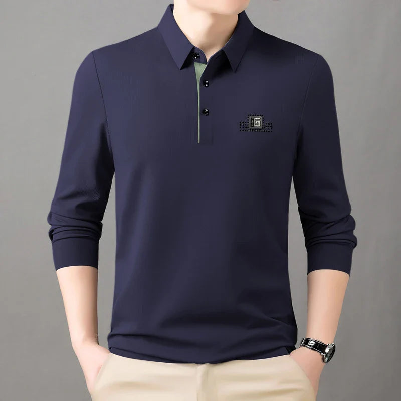 High End Brand Quality Men's Polo Shirt Autumn Exquisite Solid Color Letter Print Lapel Long Sleeve Business Classic Menswear