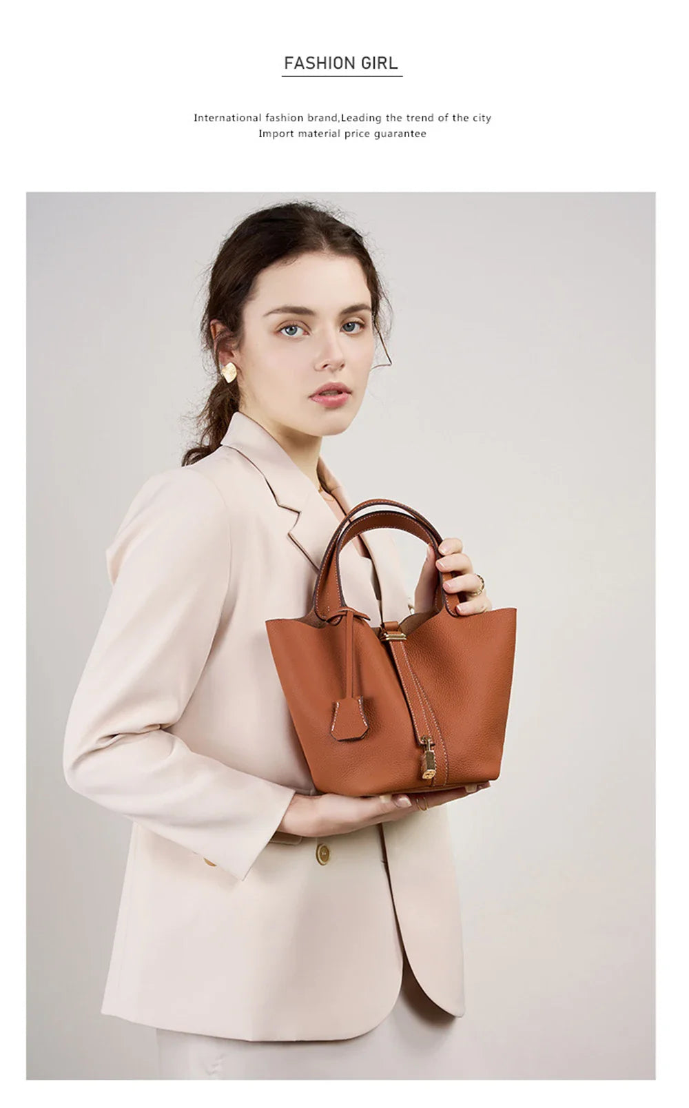 2025 Casual Fashion Female Genuine Leather Bucket Bag Luxury Handbag High-End Tote Bag Woman Cow Leather Mommy Bag & Metal Lock