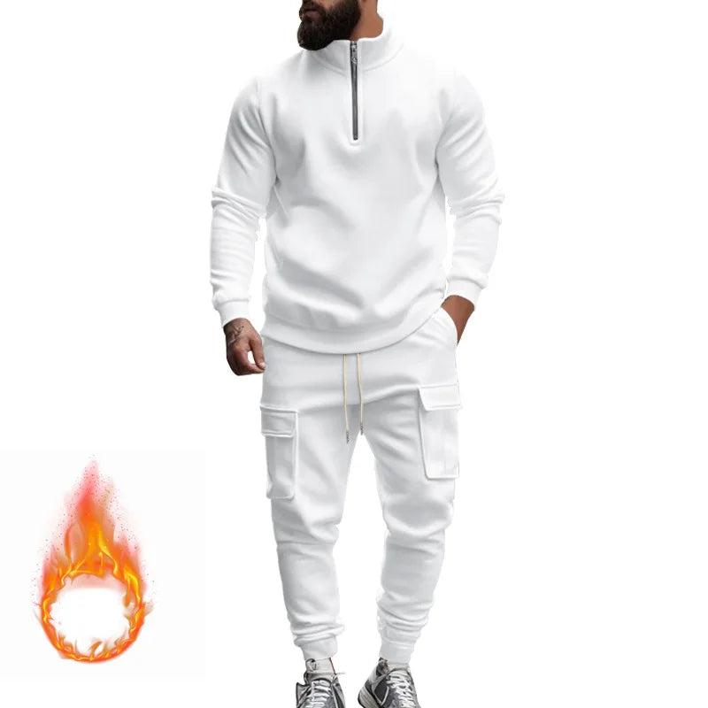 2024 autumn and winter men's casual velvet warm zipper sports trousers set