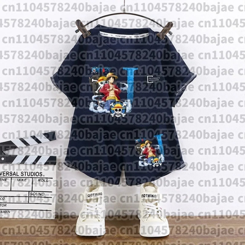 One Piece Boy Girl T-shirt Set Cartoon Tees Anime Letter Print Children Cotton Short Sleeves Shorts 2pcs Set Kids Summer Clothes