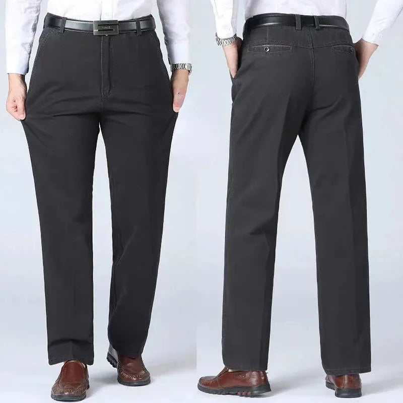 Men's 100% Cotton Summer Thin Autumn Thick Suit Pants Straight Loose Trousers Business Solid Khaki Casual Brand Clothes GOZBKF