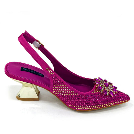 Summer New Design Specials Italian Women Shoes and Bag Set Fuchsia Color Comfortable High Heels With Rhinestone