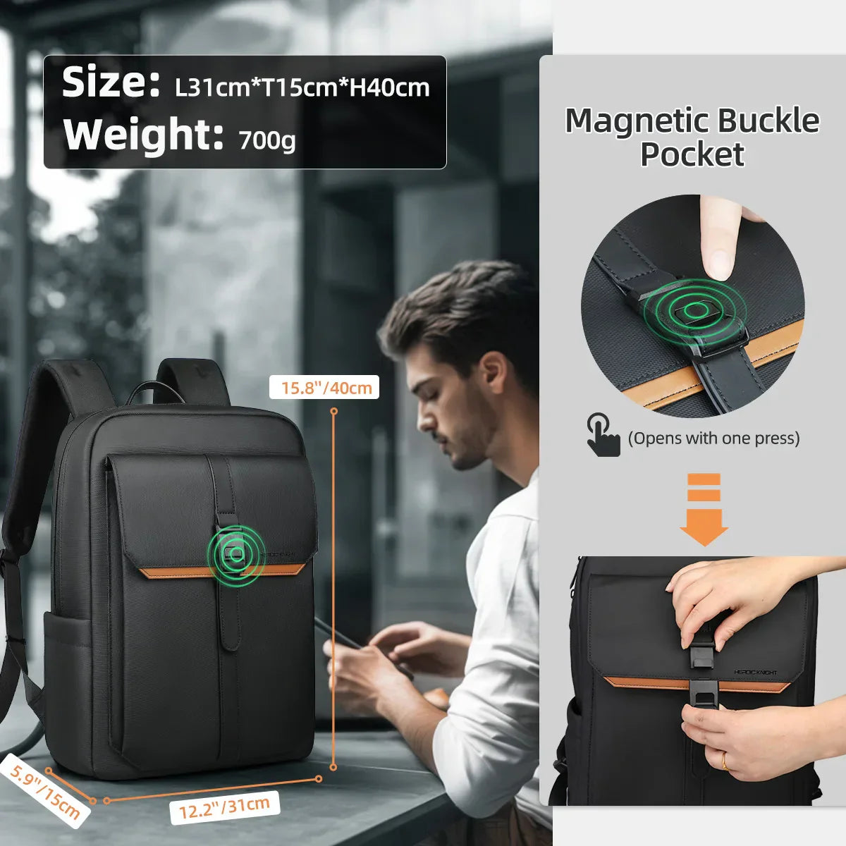 Stylish Business Backpack for Men Waterproof 15.6 inch Flap Laptop Backpack Multiple Pockets Casual Daypack for Work School