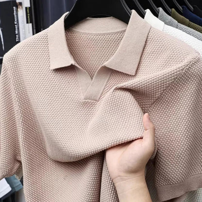 Men's Knitted Business Polo Shirt Summer Ice Silk Breathable Elastic Slim Fit Solid Color Lapel Short Sleeve Knitted T-Shirt Top