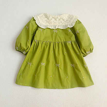 Outono 0-6 anos Vestido de Princesa para Meninas Roupas de Bebê Menina Gola Borboleta Roupas de Bebê Menina Peça Única Vestido Infantil Bordado
