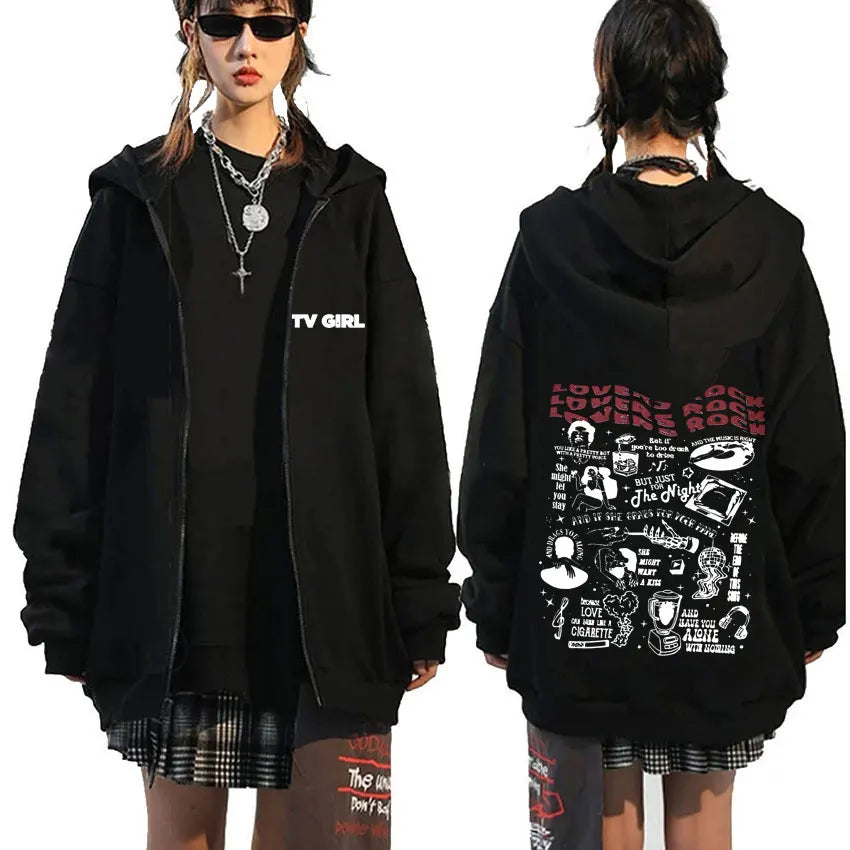 TV Girl Who Really Cares Graphic Print Zipper Hoodie Men Women Fashion Casual Oversized Zip Up Jacket Male Fleece Sweatshirts