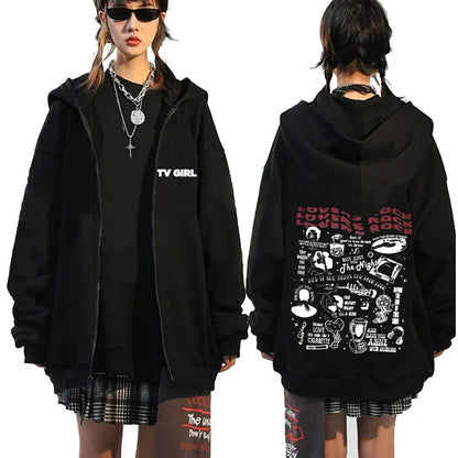 TV Girl Who Really Cares Graphic Print Zipper Hoodie Men Women Fashion Casual Oversized Zip Up Jacket Male Fleece Sweatshirts
