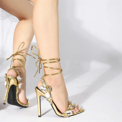 Sexy Ankle Strap Golded Sandals Women Party Nightclub Stripper Heels High Quality Crystal Diamond Pointed Toe Wedding Shoe