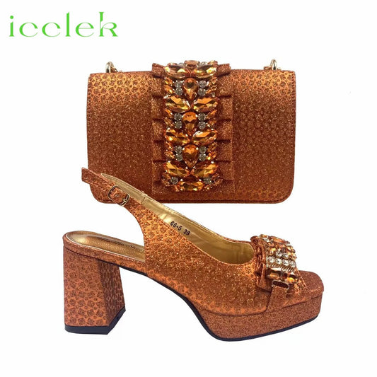 Orange Newest Italian Design Special Synthetic Fabrics Women's Matching Shoe and Bag Set High Heel for Weddings and Parties