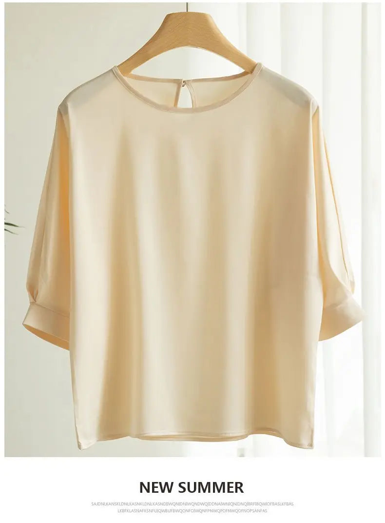 2026 New In Summer Satin Silk Half-Sleeve Tee Tops Basic Solid Women‘s T-Shirt Casual O-neck Thin Shirts Ladies Loose Blouses
