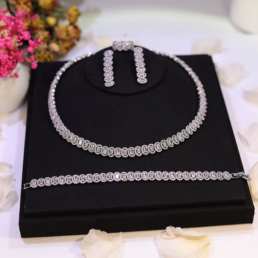 New Sparkling Cubic Zirconia Choker Necklace Earrings Bracelet Set for Women Wedding Party Jewelry