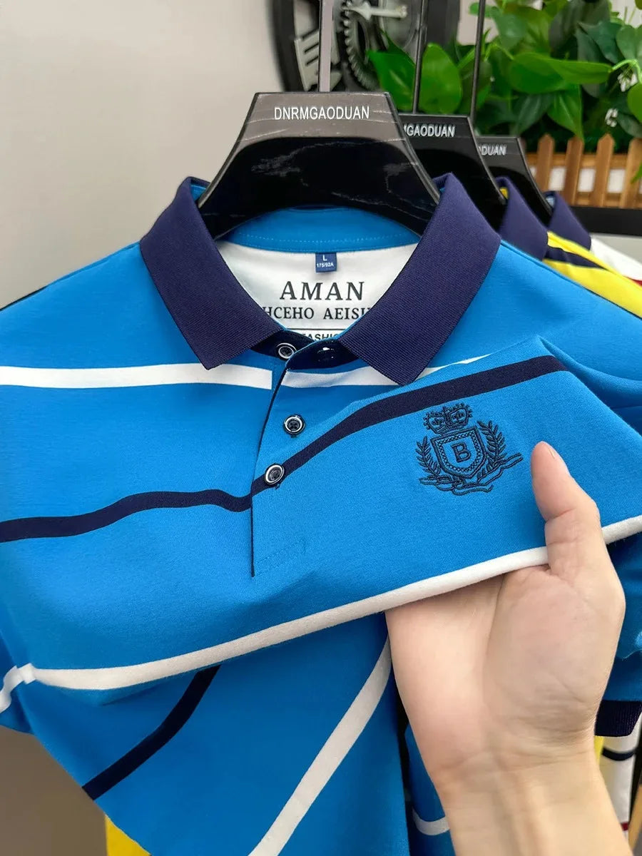 Light luxury brand short sleeve men's POLO shirt summer fashion personality striped badge top breathable ice silk casual T-shirt