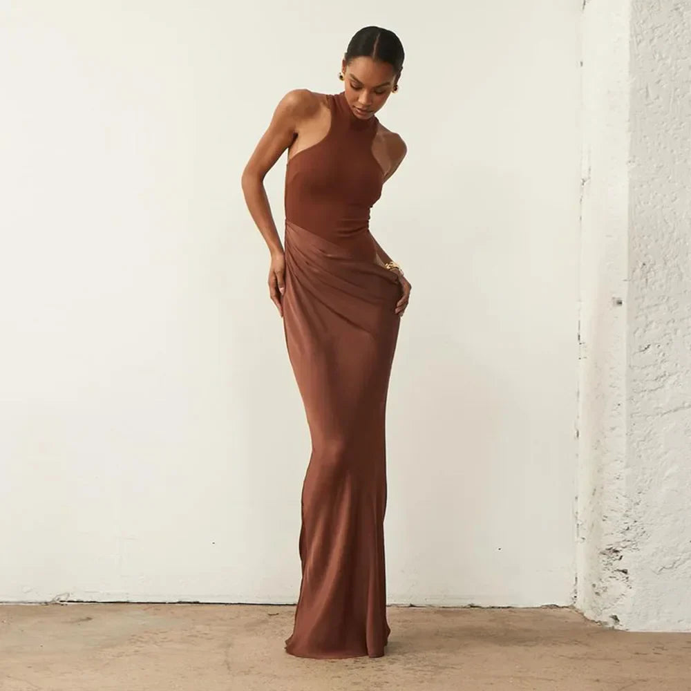 Satin Sexy Hollow Out Women Maxi Dress Black Sleeveless High Waist Dress Female Autumn Skinny Elegant Party Clubwear